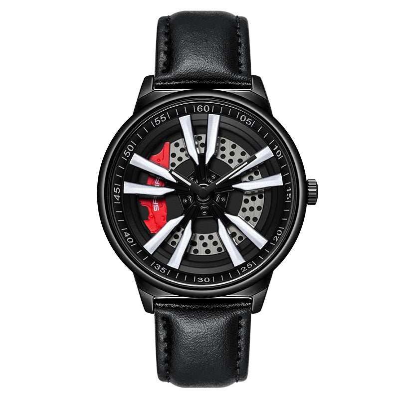 Mens Creative Cool Dial rotating wheel quartz watch with black leather strap and unique dial design