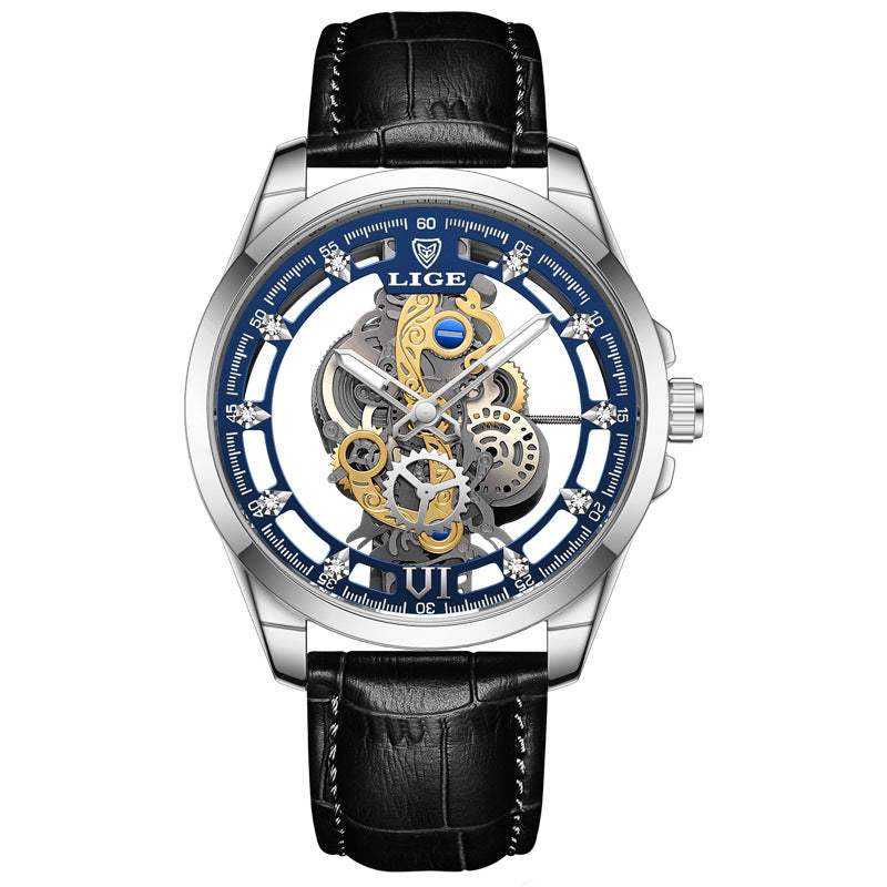 Poedagar watch with black leather strap and silver skeleton dial showcasing intricate gold and silver gears, stylish and durable for every occasion.