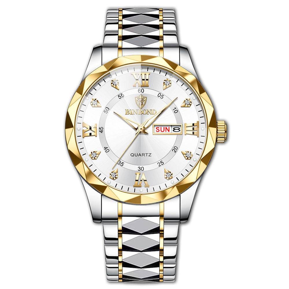 Waterproof luminous dual calendar men's watch with gold and silver design and day-date display