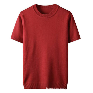 Half-sleeve men's solid color red thick pullover sweater made of mercerized cotton and viscose