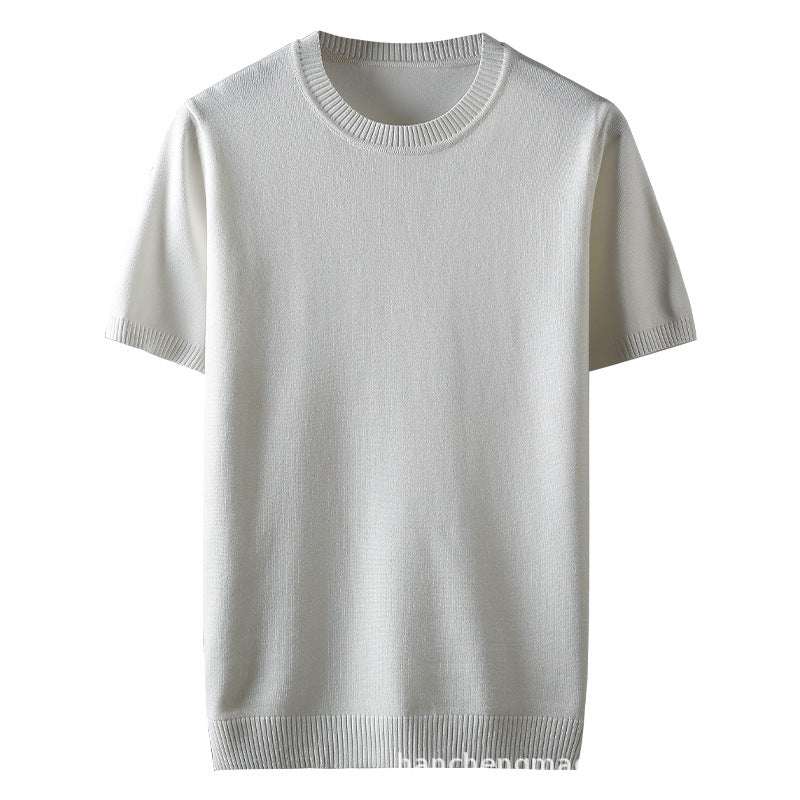 Half-sleeve men's solid color thick pullover sweater in white Mercerized cotton blend