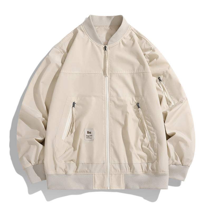 Men's baseball collar charging coat in light beige with zipper and long sleeves