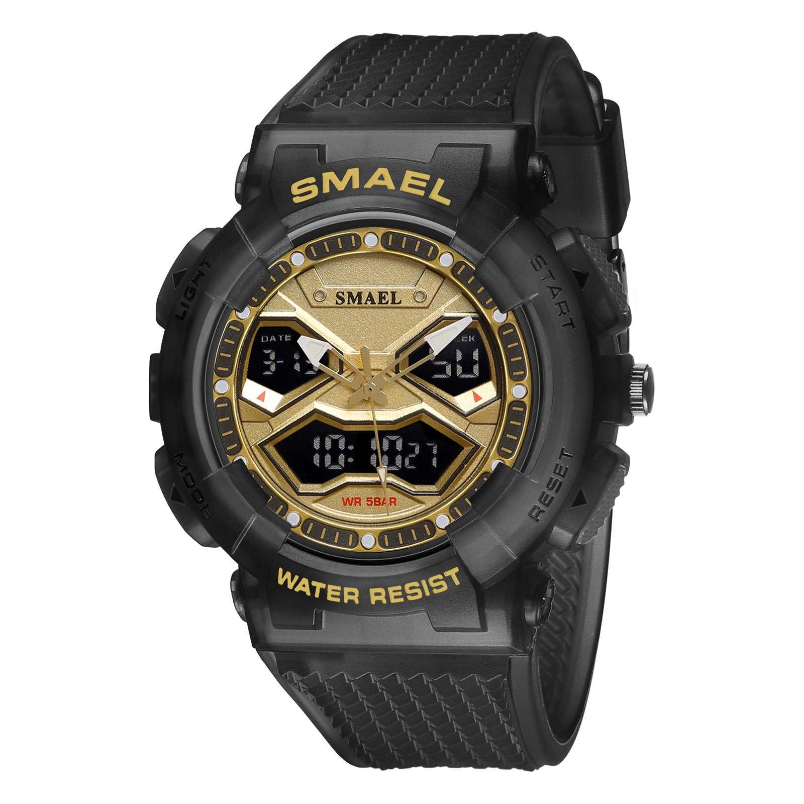 Men's double display digital electronic watch with black and gold design, water resistant and multifunctional features.