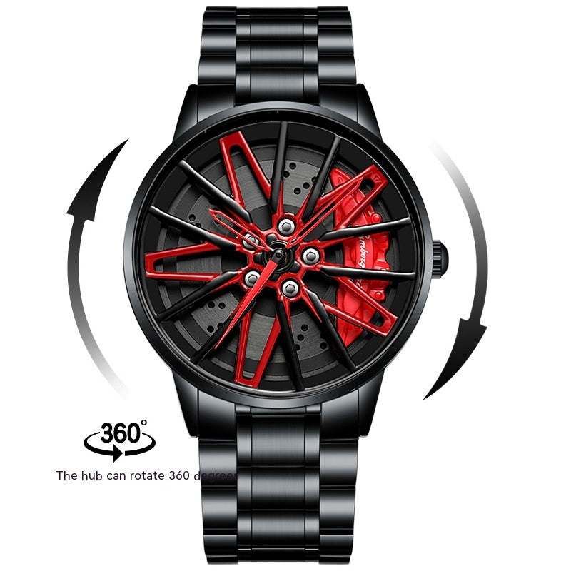 Black and red rotating wheel watch with three-dimensional hollow dial and 360-degree rotating hub design