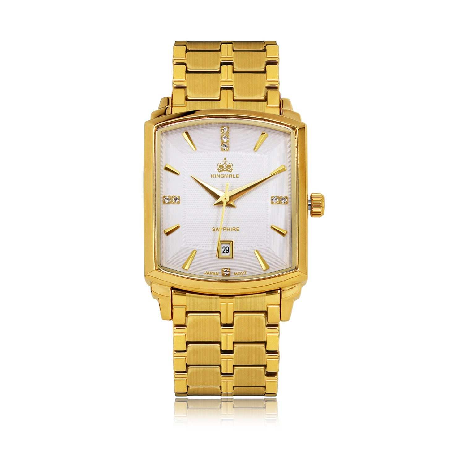 Men's gold square waterproof quartz watch with white dial and date display