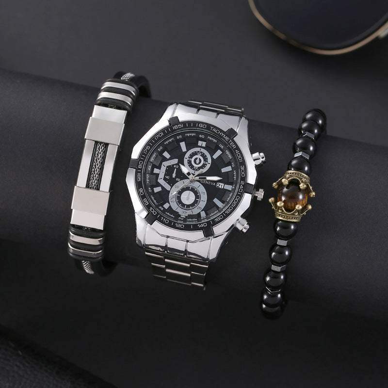 Silver stainless steel Quartz Watch with black dial and chronograph features displayed with two men's bracelets on black background