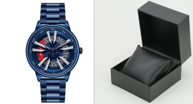 Mens Creative Cool Dial rotating wheel quartz watch in blue with unique dial design and matching metal strap next to black watch gift box with cushion