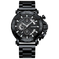 Black thick luminous waterproof men's quartz watch with bold dial and metal strap
