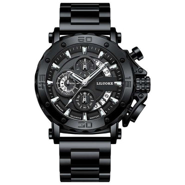 Black thick luminous waterproof men's quartz watch with bold dial and metal strap