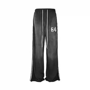 Black wide-leg sweatpants with white side stripes and drawstring waistband, featuring the number 64 on the left thigh