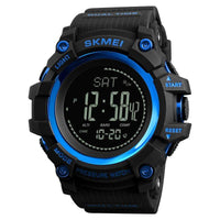 Black and blue men's outdoor sports watch with digital calendar, compass, and multifunctional features