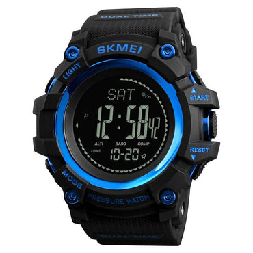 Black and blue men's outdoor sports watch with digital calendar, compass, and multifunctional features