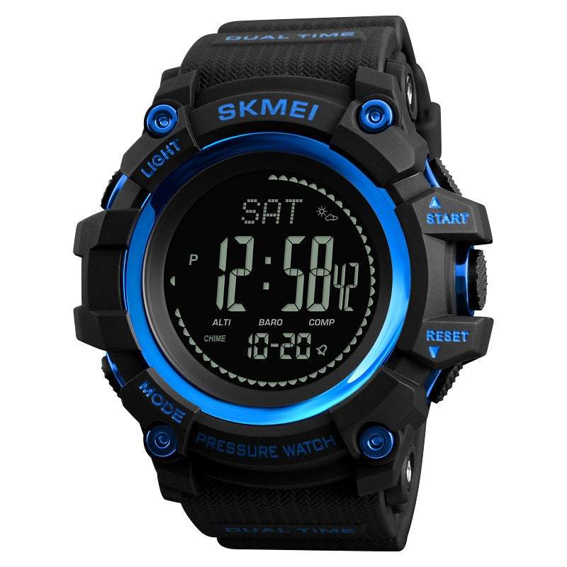 Black and blue men's outdoor sports watch with digital calendar, compass, and multifunctional features