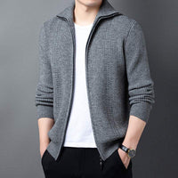 Men's gray outerwear casual sweater with zipper, lightweight and ribbed knit, perfect for spring and autumn layering.