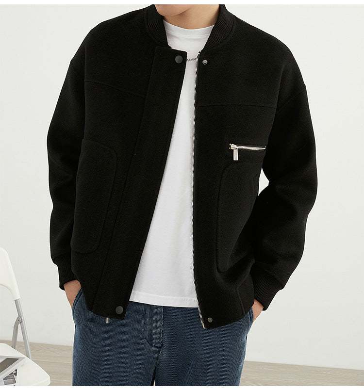 Men's black woolen short baseball uniform coat with zipper pocket and snap button closure