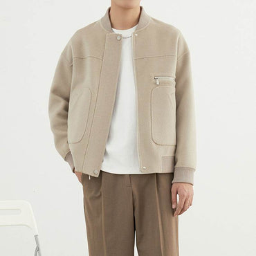 Men's woolen short baseball jacket in greige color with zipper pocket and snap buttons