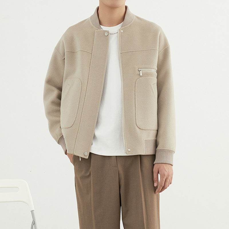 Men's woolen short baseball jacket in greige color with zipper pocket and snap buttons