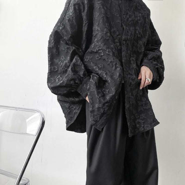 Men's dark jacquard embossed pleated long sleeve shirt coat in loose fit, made of cotton blend fabric.