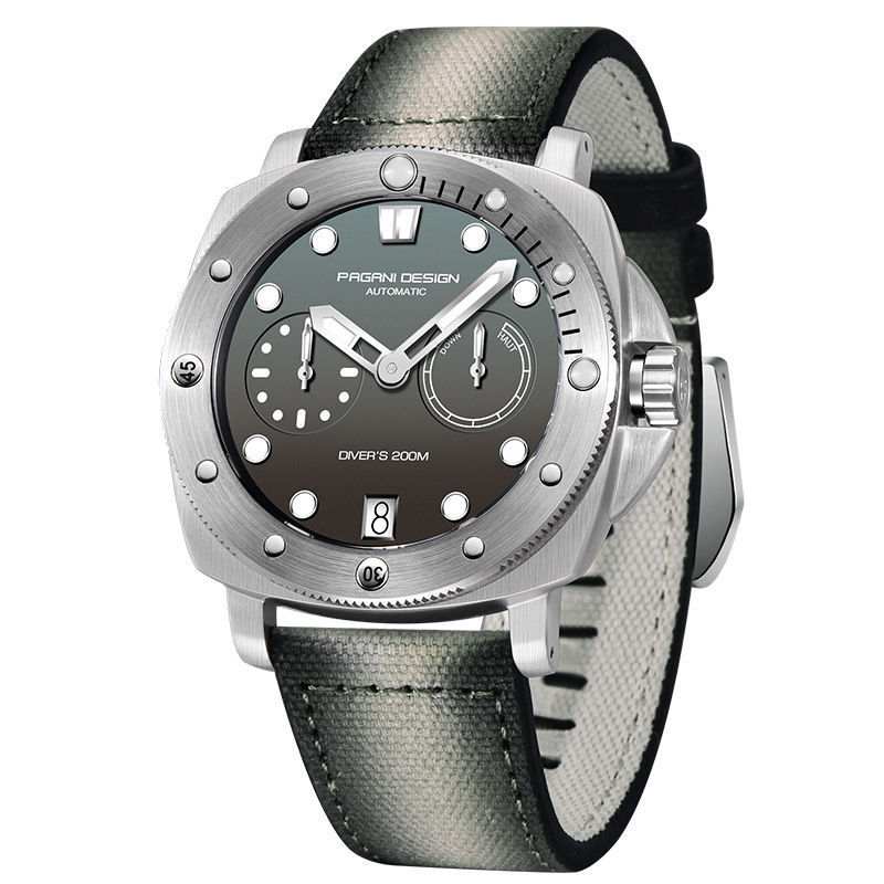 Fashion casual waterproof automatic mechanical watch with stainless steel case and black leather strap