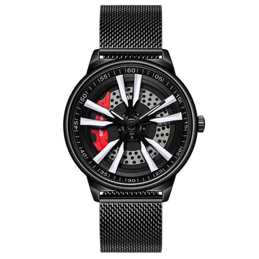 Mens Creative Cool Dial rotating wheel quartz watch with black mesh strap and modern stylish design