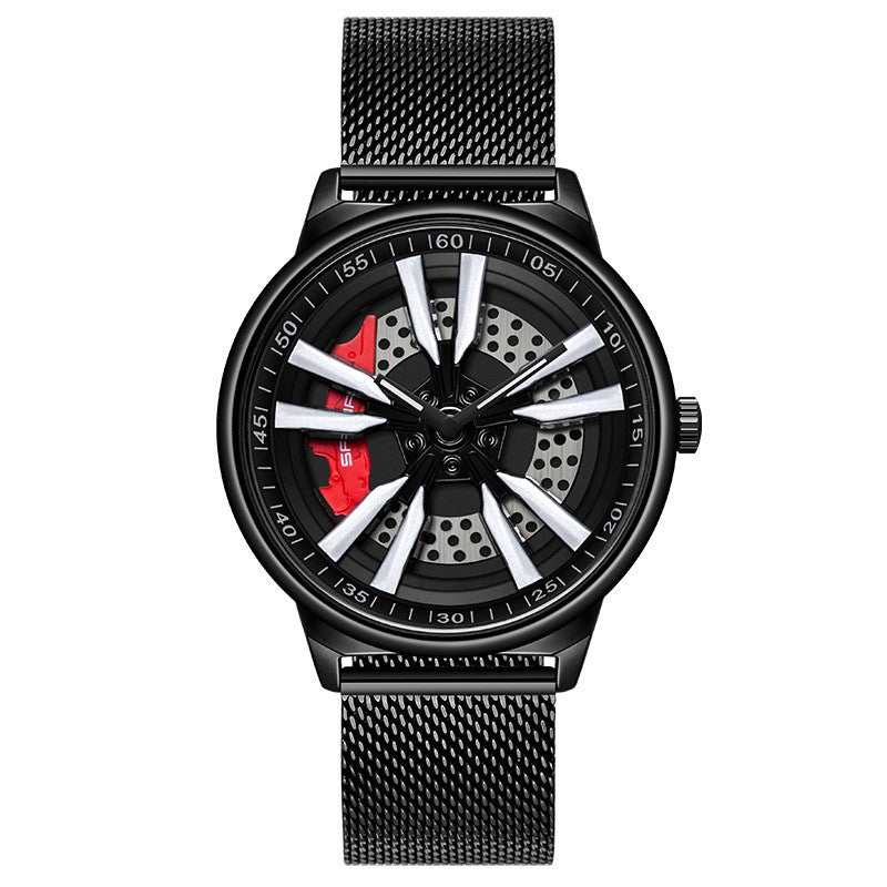 Mens Creative Cool Dial rotating wheel quartz watch with black mesh strap and modern stylish design