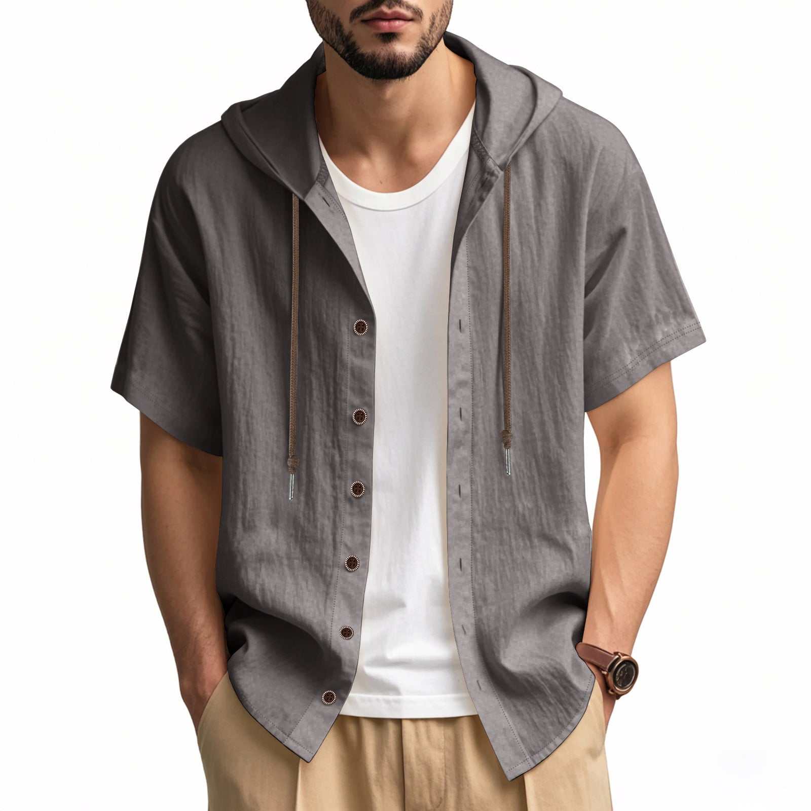 men's gray loose hooded short-sleeved linen shirt with front buttons and drawstrings