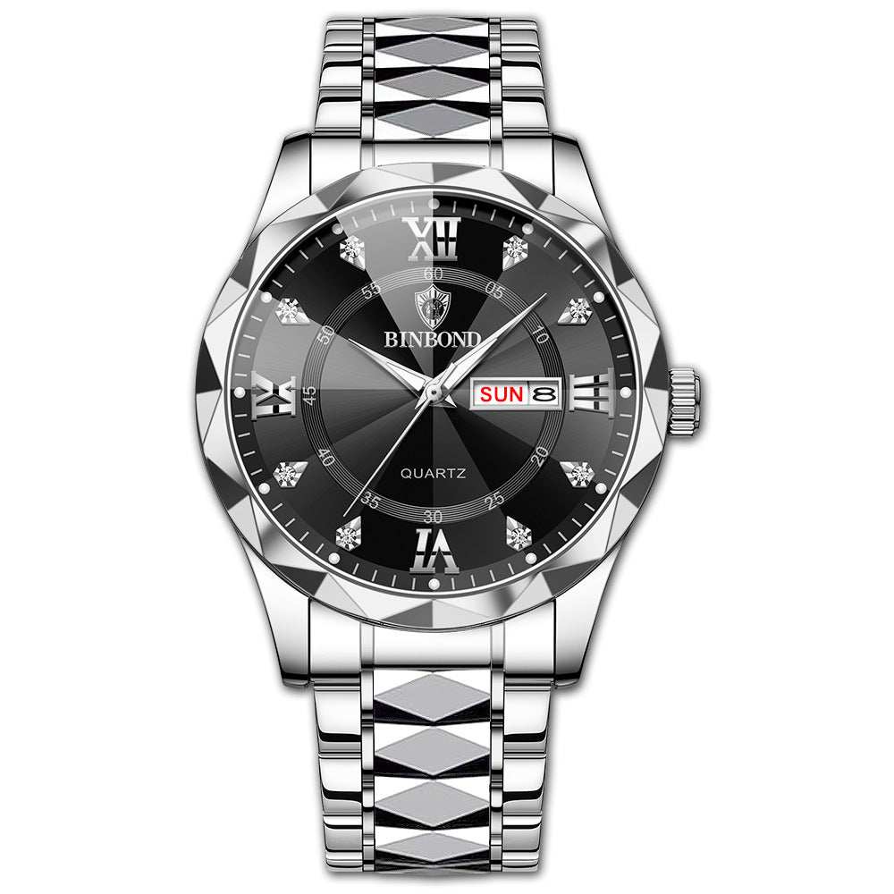 Waterproof luminous dual calendar men's wristwatch with silver metal band and black dial