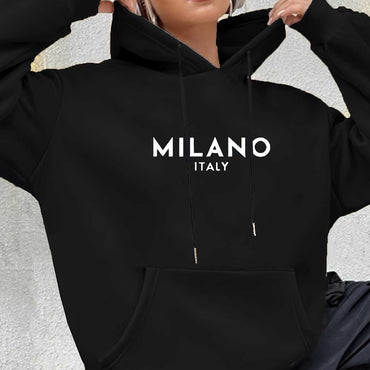 black casual long sleeved printed hoodie with kangaroo pocket and Milano Italy text