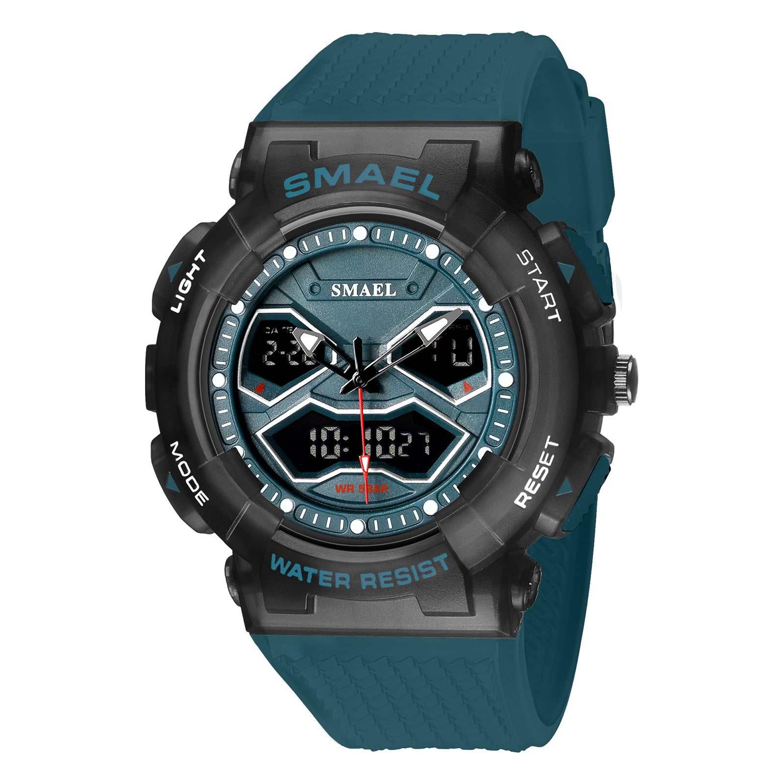 Double Display Digital electronic men's watch with black case, teal strap, and dual time analog and digital display
