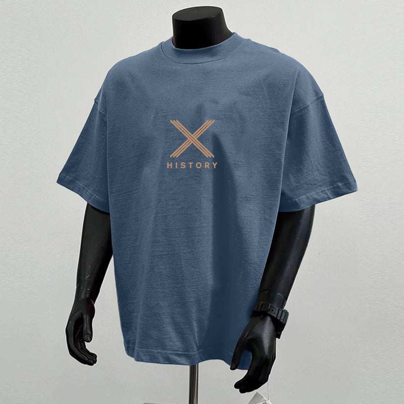 Blue cotton loose heavy short sleeve T-shirt with printed "HISTORY" text on front