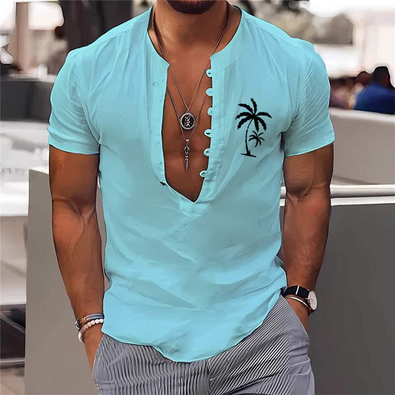 Men's light blue short sleeve summer shirt with 3D digital palm tree print and casual open neckline
