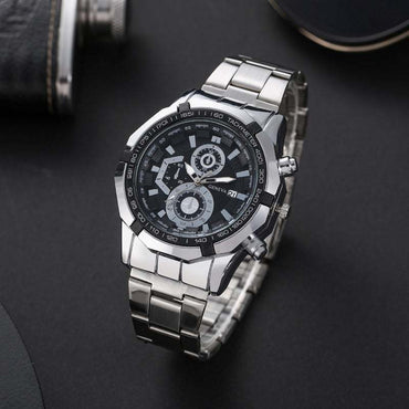 Stainless steel Quartz Watch with black dial and tachymeter bezel, featuring chronograph subdials and date display.