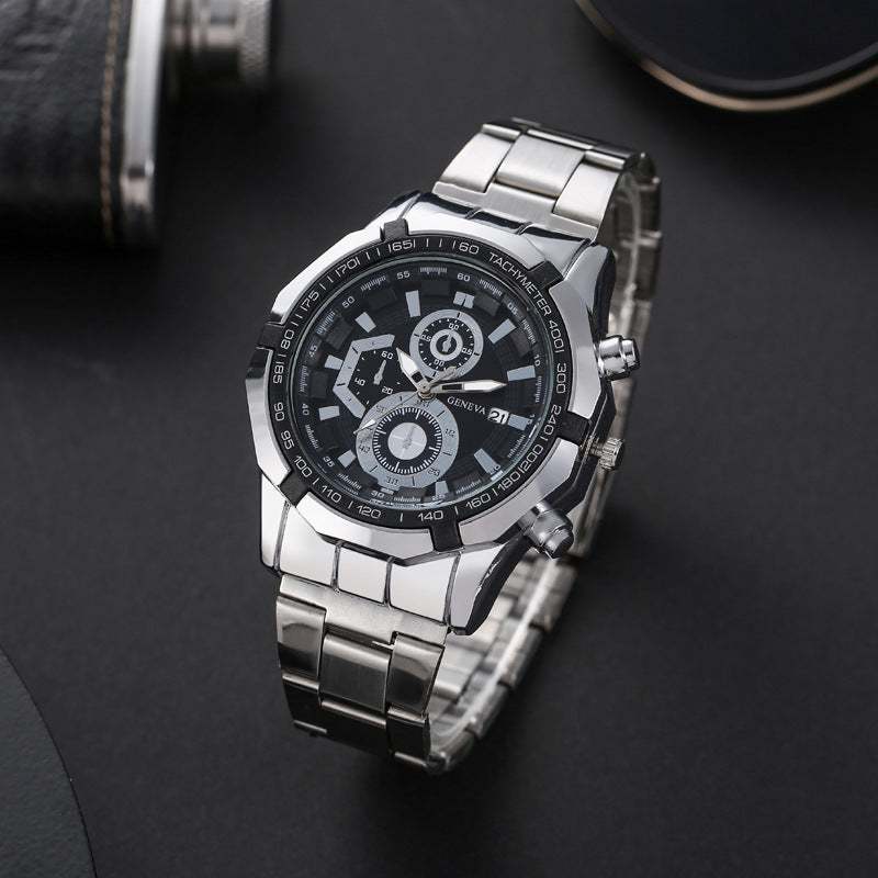 Stainless steel Quartz Watch with black dial and tachymeter bezel, featuring chronograph subdials and date display.