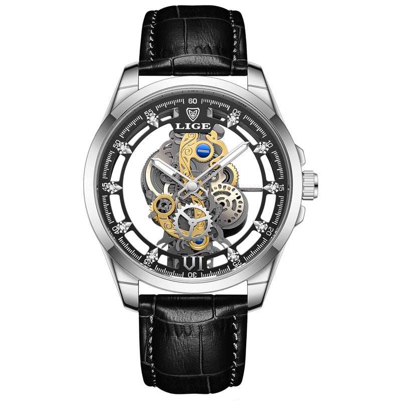 Poedagar watch with black leather strap and exposed mechanical gears, stylish and durable for every occasion