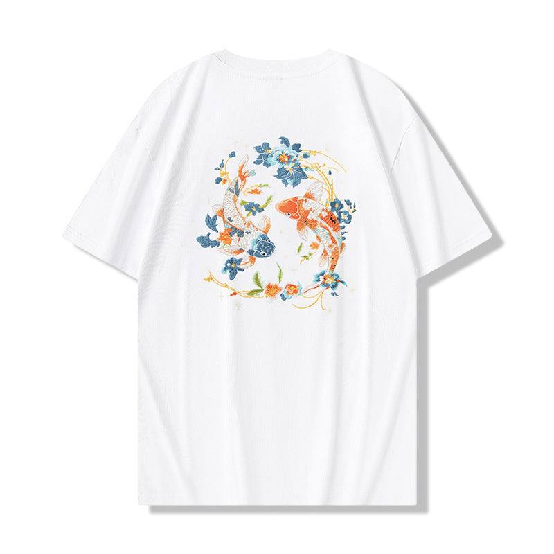White loose-fit men's cotton T-shirt with embroidered colorful koi fish and floral design, short sleeves, round neck, Icing On The Cake style