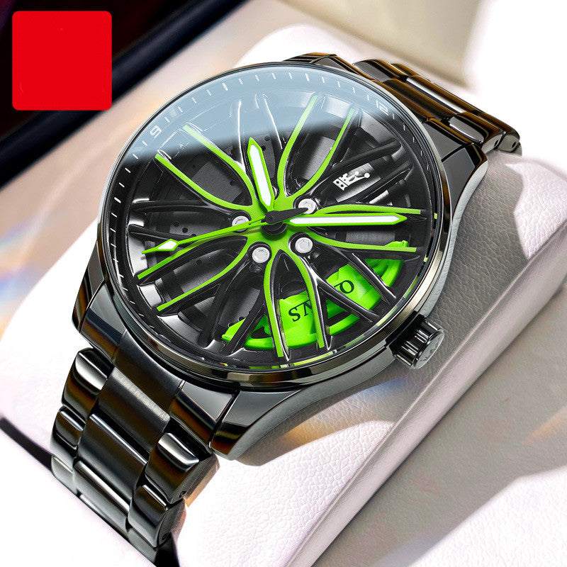 Fashion men's hollowed-out luminous waterproof quartz watch with black and neon green dial and stainless steel band