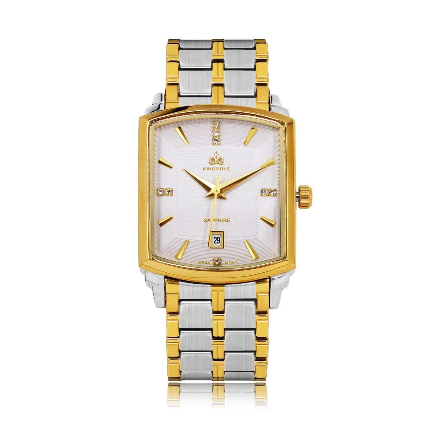 Men's square waterproof quartz watch with gold and silver metal band and white dial