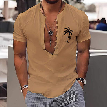 Men's summer short sleeve shirt with 3D digital printing palm tree design, breathable lightweight fabric, modern fit