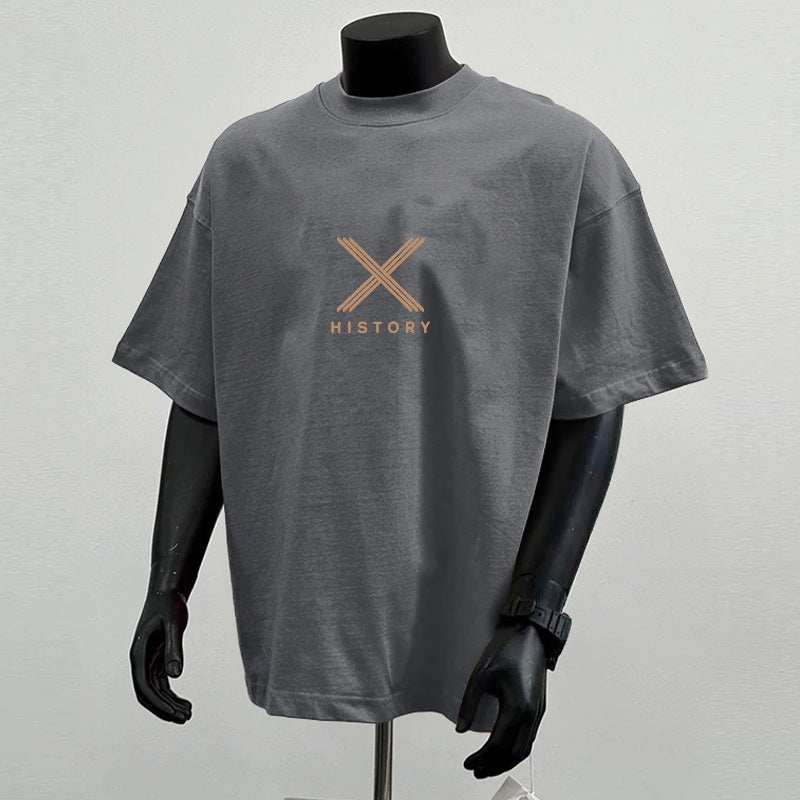 Gray cotton loose heavy short sleeve t-shirt with "HISTORY" print on front