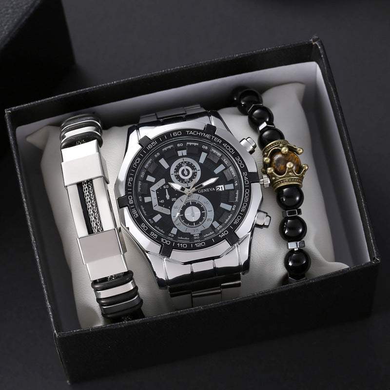 Quartz watch with stainless steel band, black dial, and two matching bracelets in a gift box