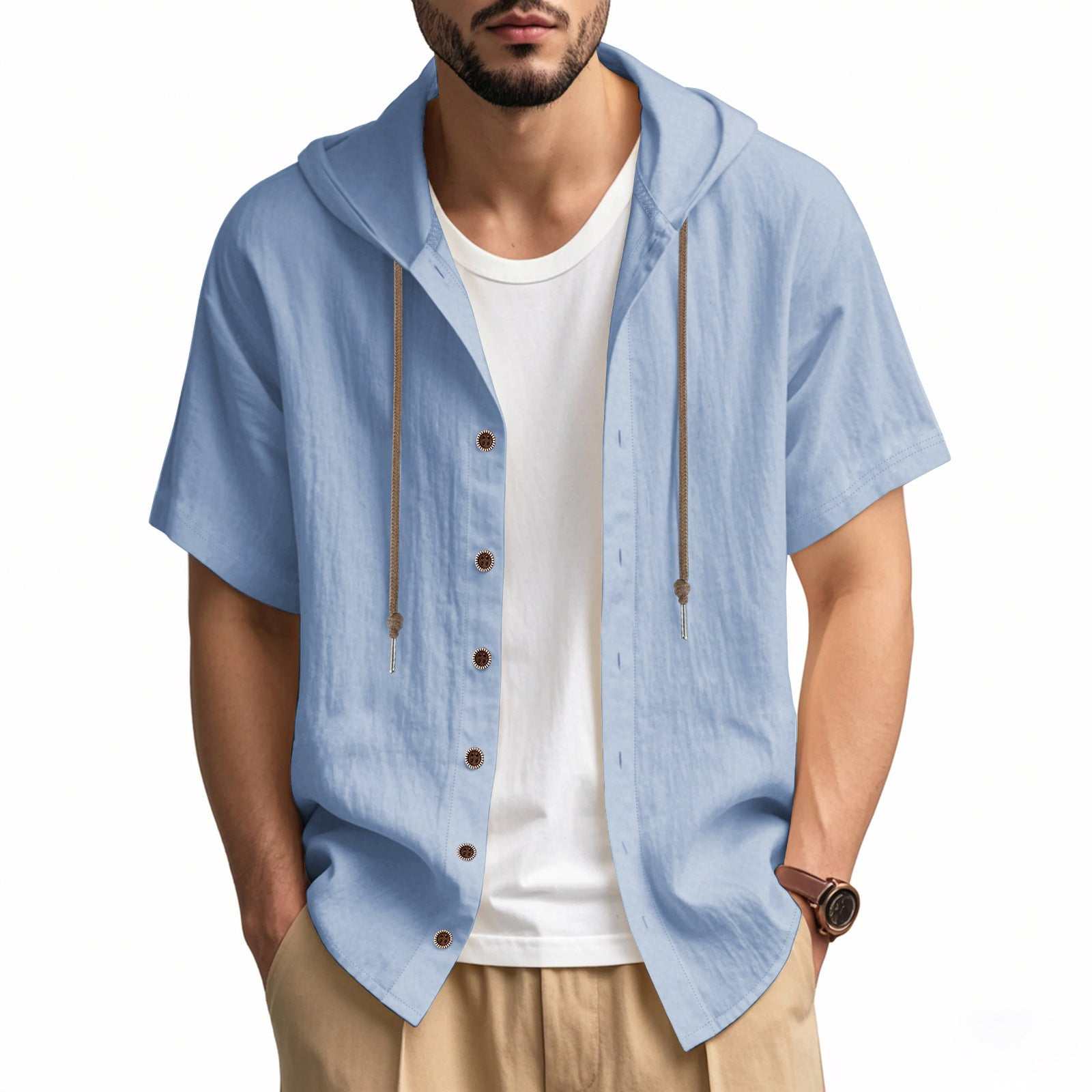 Men's loose hooded short-sleeved linen shirt in light blue with front buttons and drawstrings.