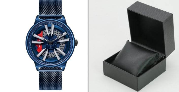 Mens Creative Cool Dial rotating wheel quartz watch with blue mesh strap and black presentation box