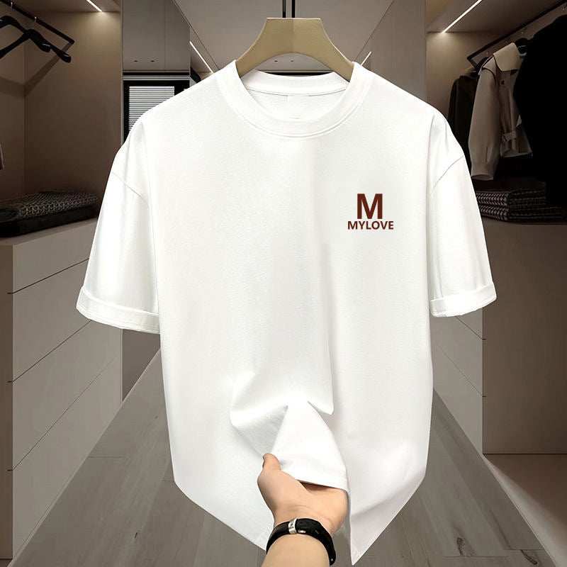 White Ice Silk short sleeve men’s pullover top with small "M MYLOVE" print on chest