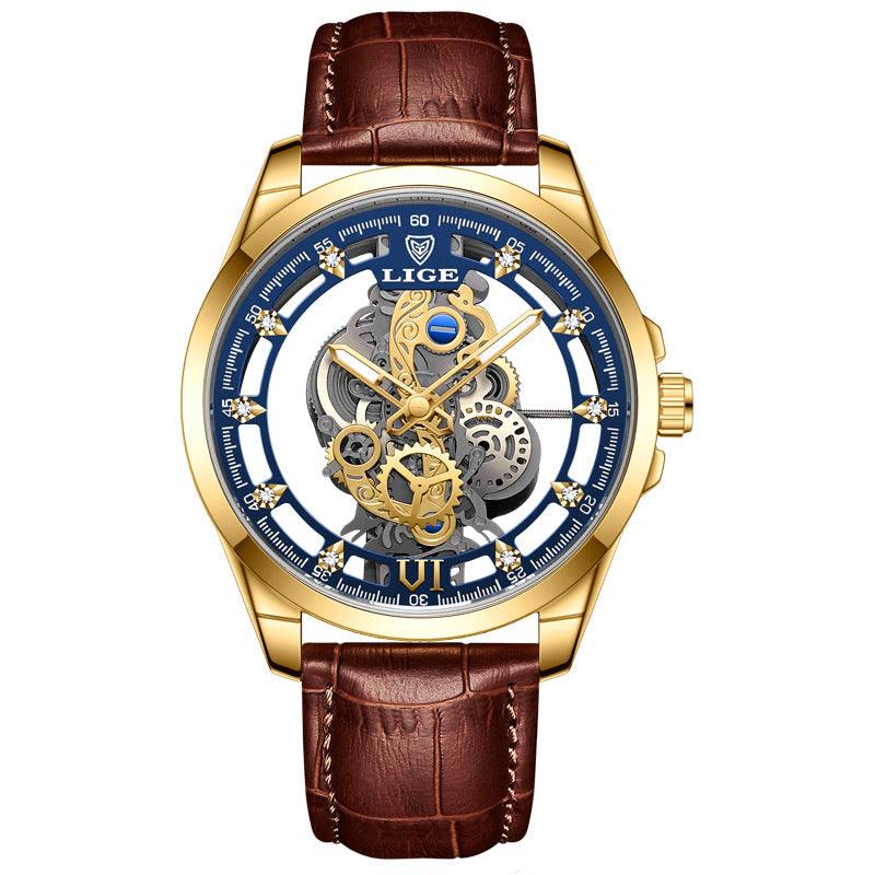 Poedagar watch with gold case, skeleton dial, and brown leather strap, stylish and durable for every occasion