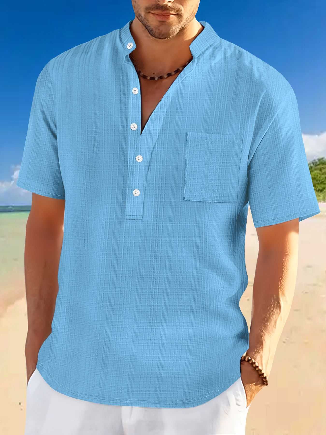 Light blue casual stand collar Henley shirt with short sleeves for summer leisure and vacation wear