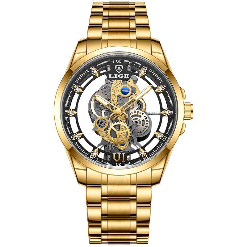 poedagar watch gold skeleton mechanical wristwatch with metal bracelet for stylish durable wear