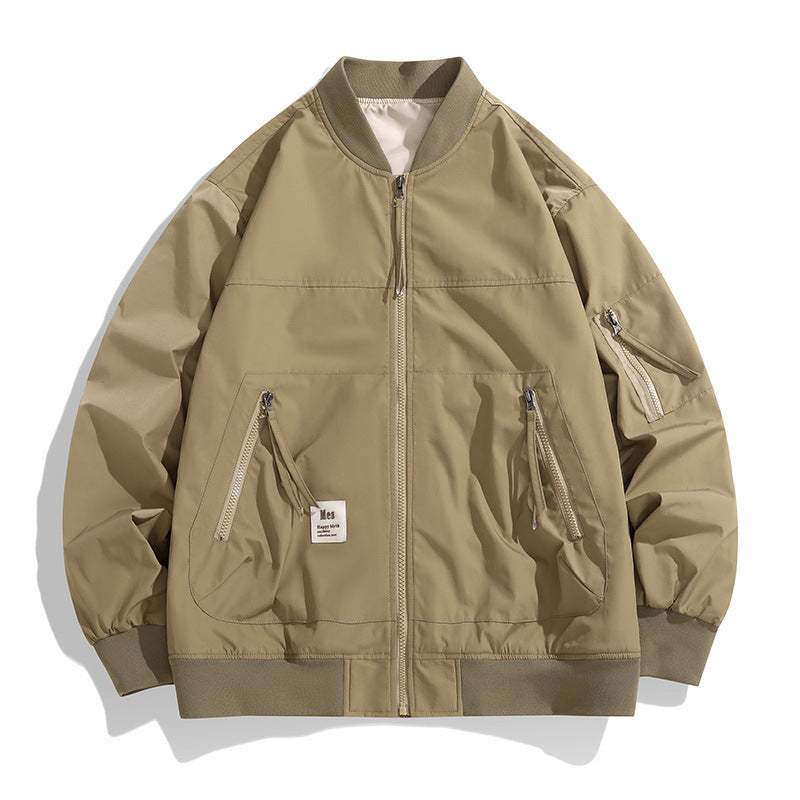 Men's baseball collar charging coat in khaki color with long sleeves and zipper pockets