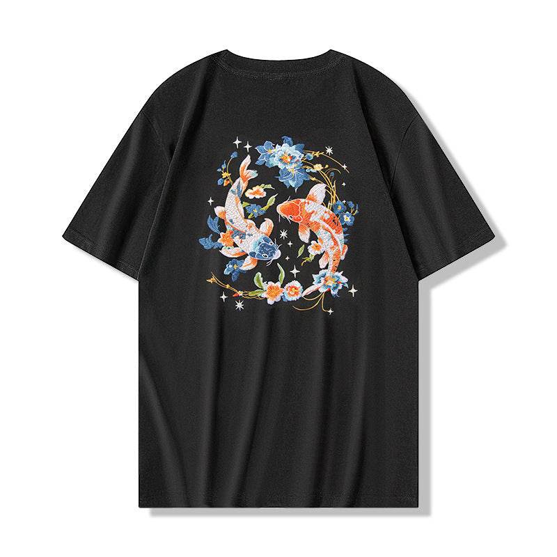 Black loose fit short sleeve cotton pullover with colorful koi fish embroidery on the back, Icing On The Cake design.