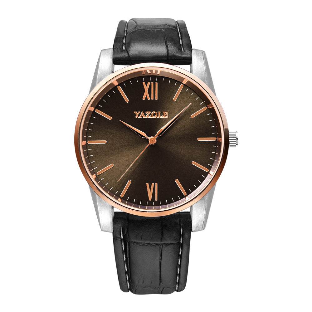 Men's Fashion Belt Quartz Watch with black leather strap and minimalist brown dial with rose gold accents