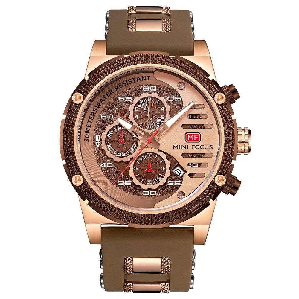 Men's waterproof quartz watch with multifunctional luminous dial and brown rubber strap